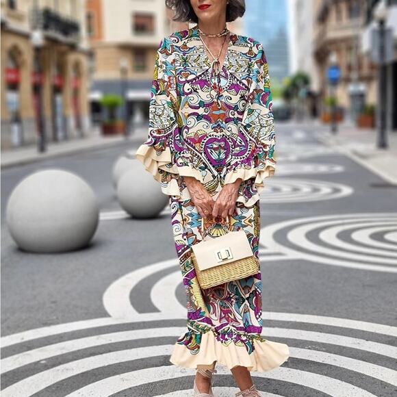 ZARA BLOGGER FAVORITE PRINTED MIDI DRESS MULTICOLORED - Picture 2 of 13